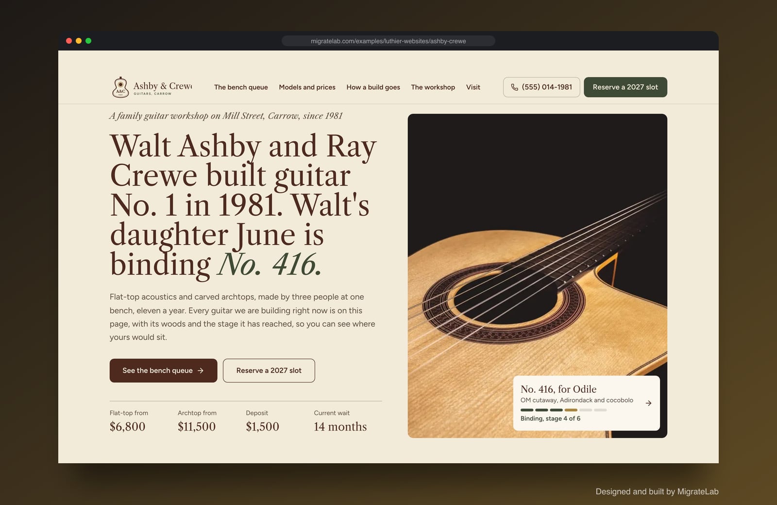 Luthier website example by MigrateLab: Ashby & Crewe Guitars, a heritage and trust design shown in a browser