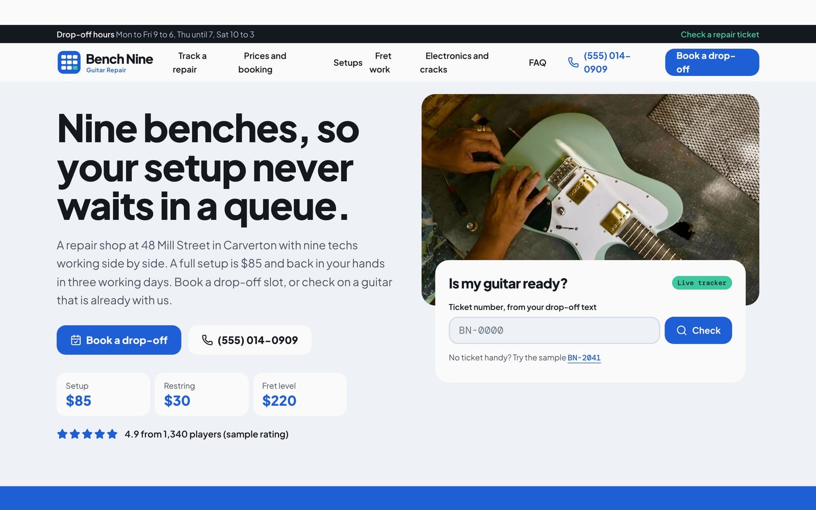 Luthier website design: Bench Nine Guitar Repair home page, lead machine style
