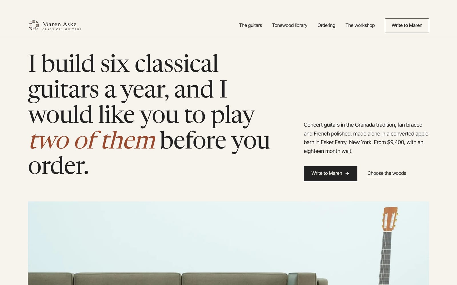 Luthier website design: Maren Aske Classical Guitars home page, premium design-led style