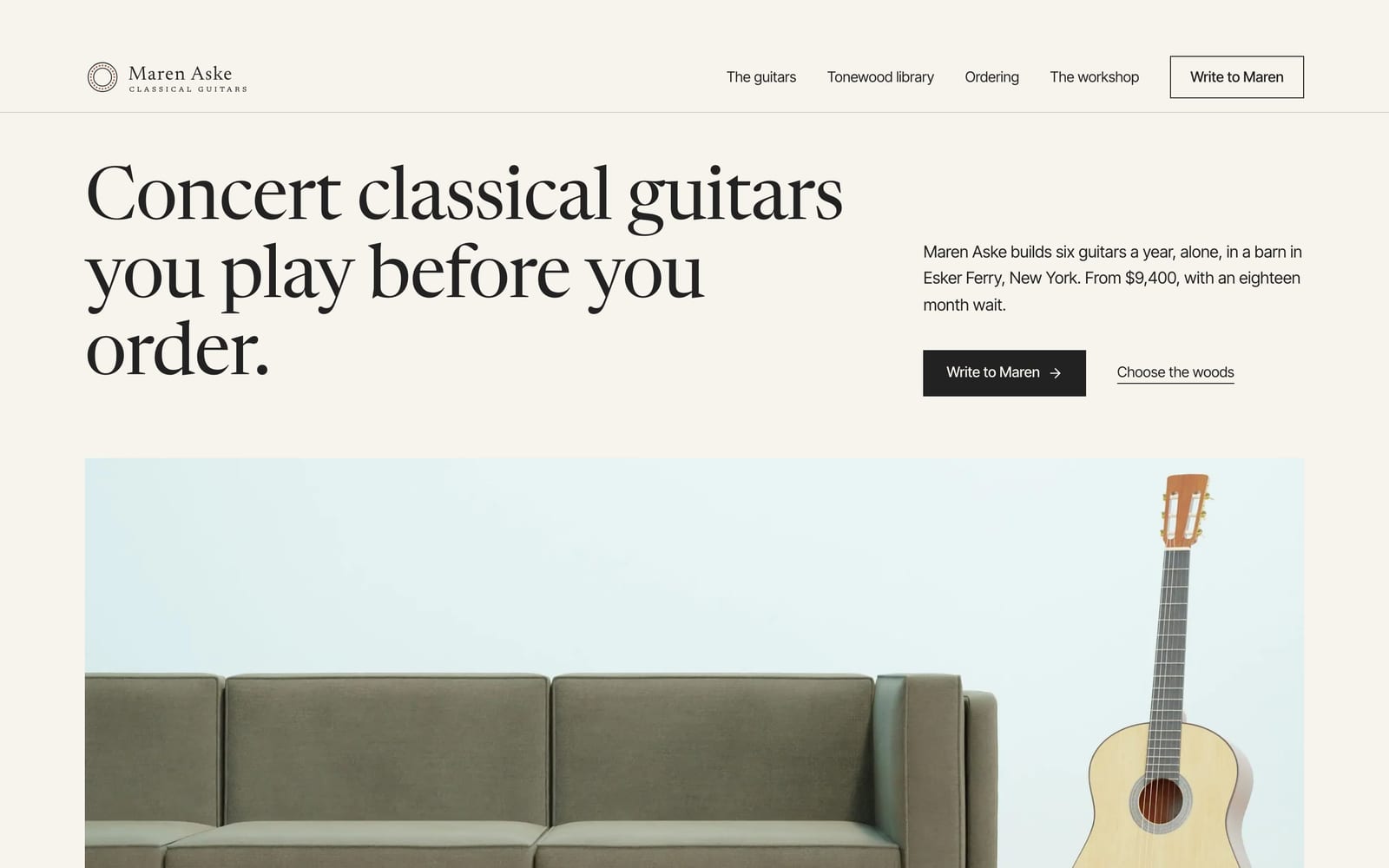 Luthier website design: Maren Aske Classical Guitars home page, premium design-led style