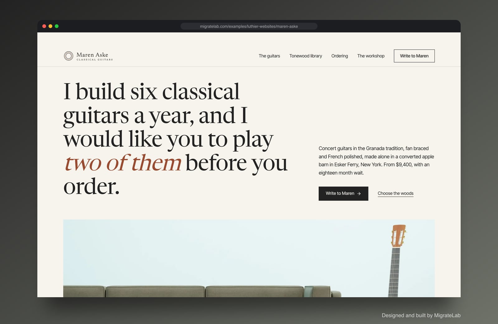 Luthier website example by MigrateLab: Maren Aske Classical Guitars, a premium design-led design shown in a browser