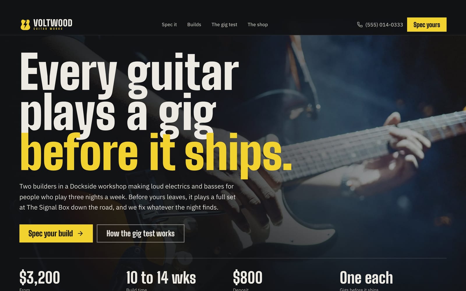Luthier website design: Voltwood Guitar Works home page, bold and industrial style