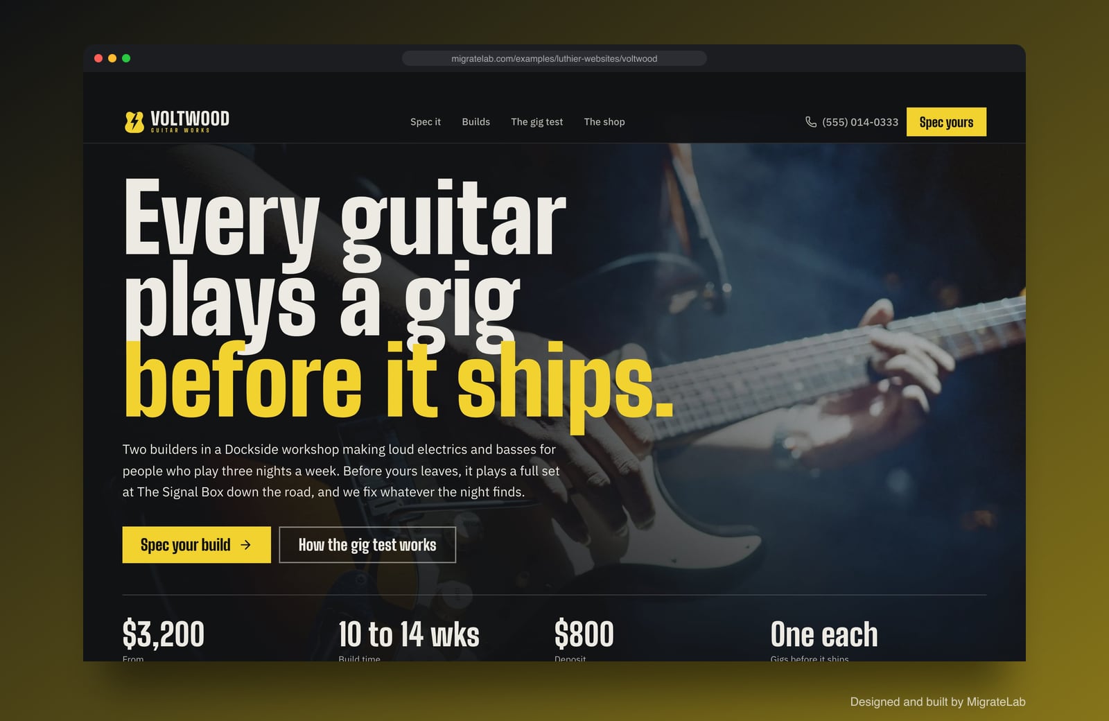 Luthier website example by MigrateLab: Voltwood Guitar Works, a bold and industrial design shown in a browser