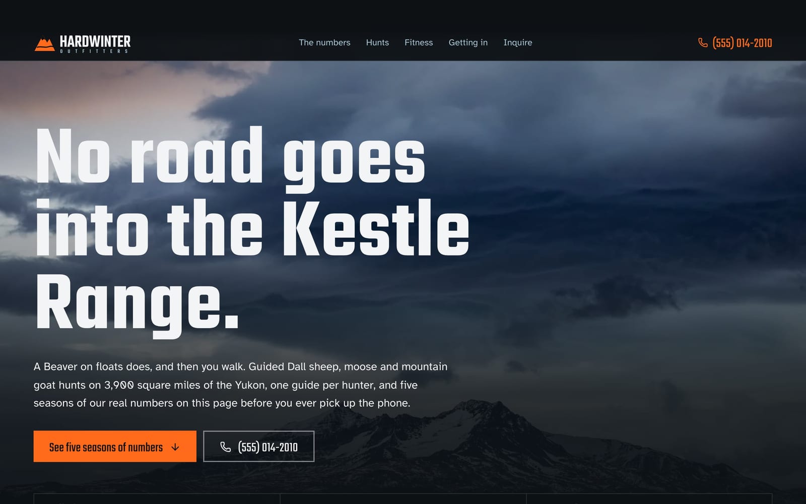Hunting and fishing outfitter website design: Hardwinter Outfitters home page, bold and industrial style