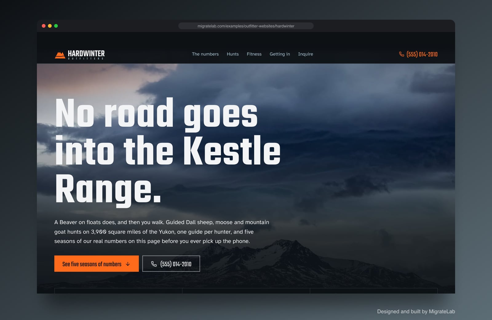 Hunting and fishing outfitter website example by MigrateLab: Hardwinter Outfitters, a bold and industrial design shown in a browser