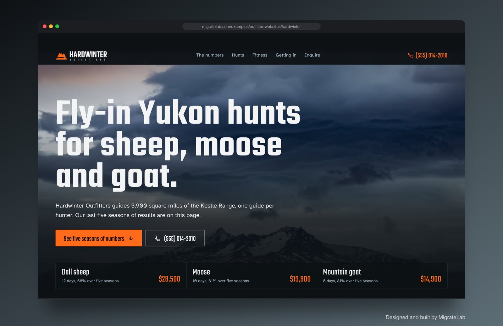 Hunting and fishing outfitter website example by MigrateLab: Hardwinter Outfitters, a bold and industrial design shown in a browser