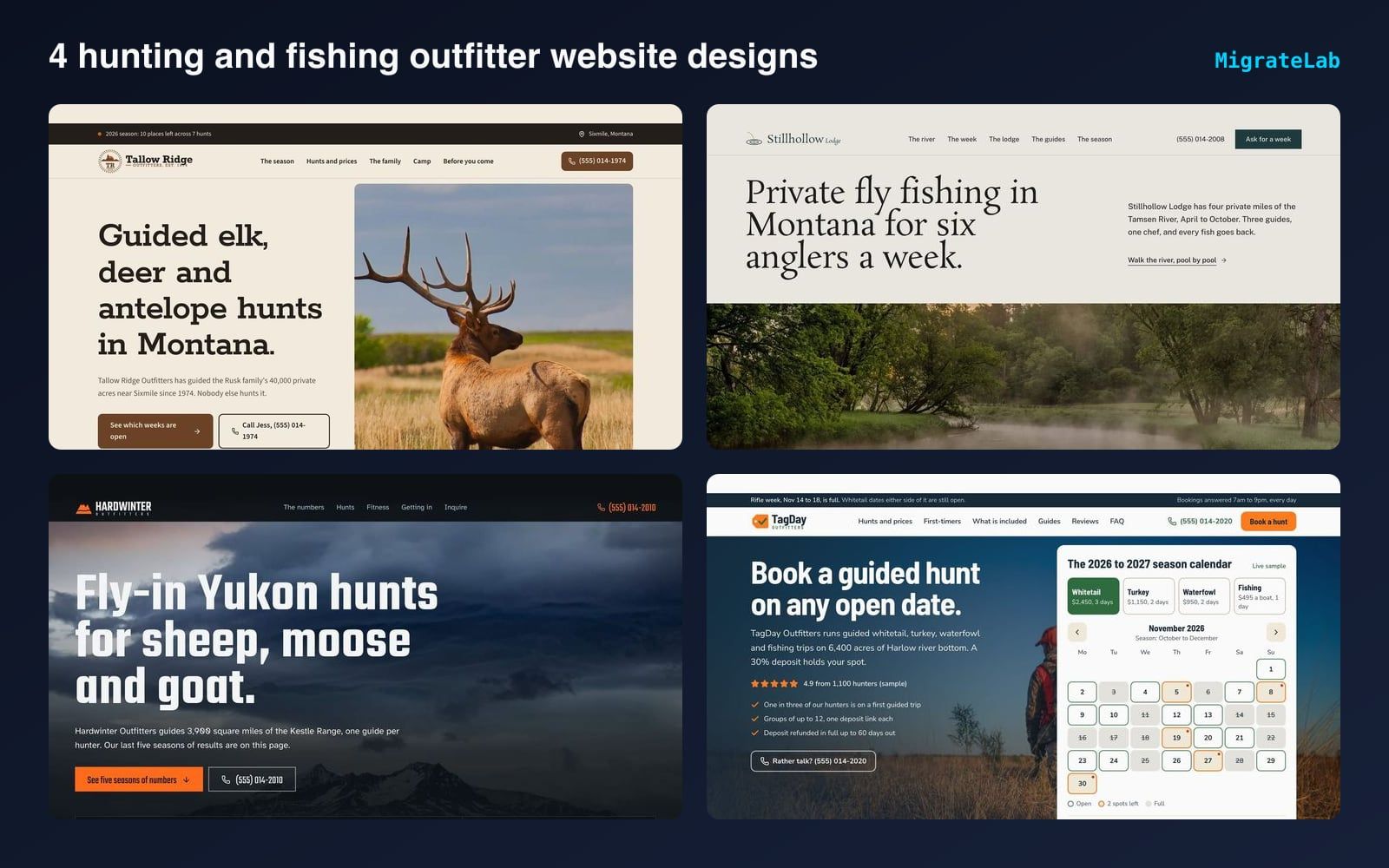 Four hunting and fishing outfitter website designs by MigrateLab shown side by side