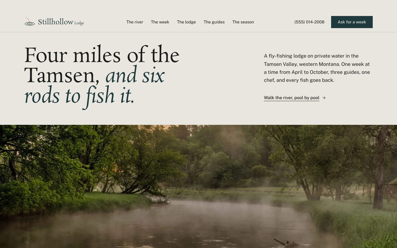 Hunting and fishing outfitter website design: Stillhollow Lodge home page, premium design-led style