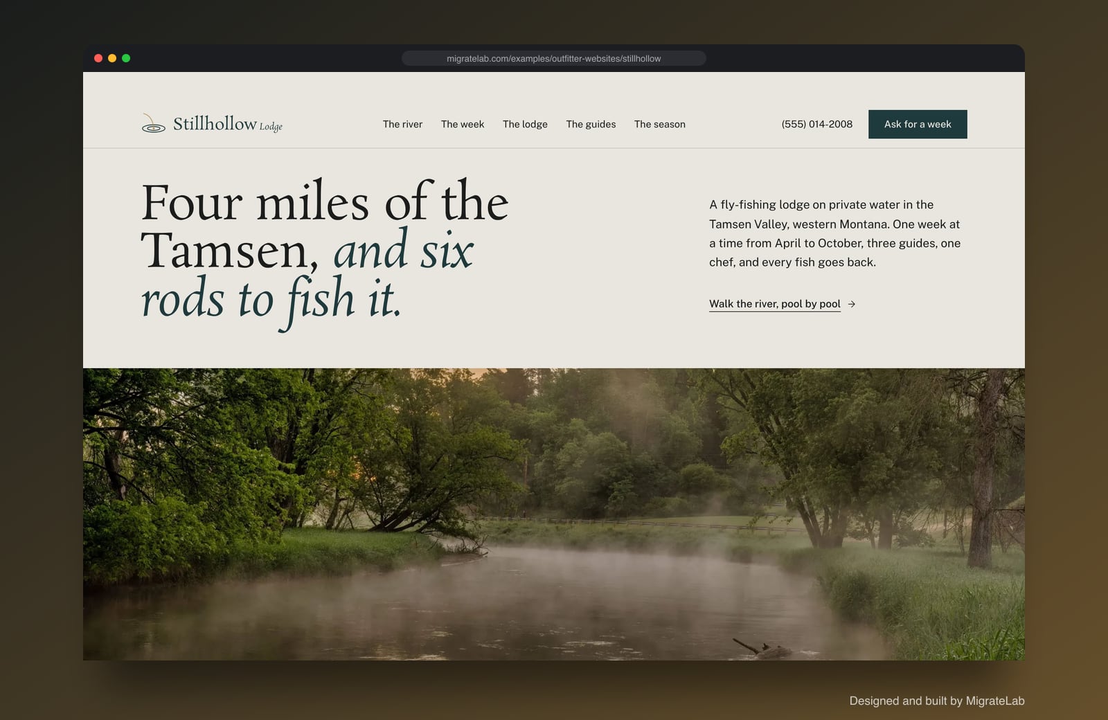 Hunting and fishing outfitter website example by MigrateLab: Stillhollow Lodge, a premium design-led design shown in a browser