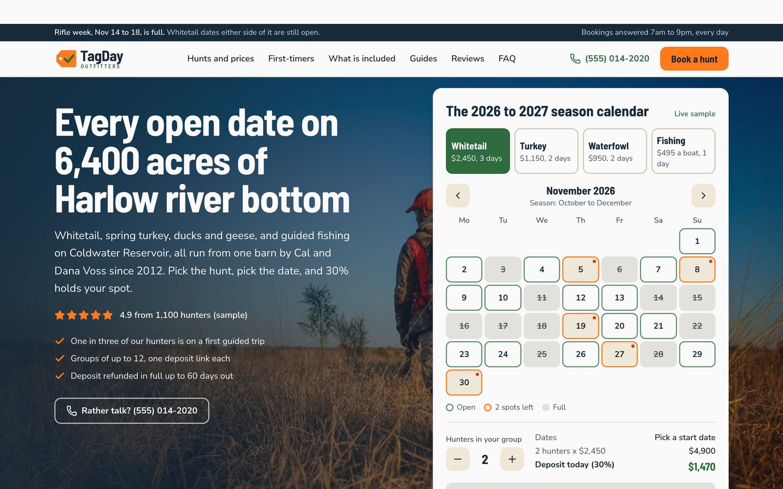 Hunting and fishing outfitter website design: TagDay Outfitters home page, lead machine style