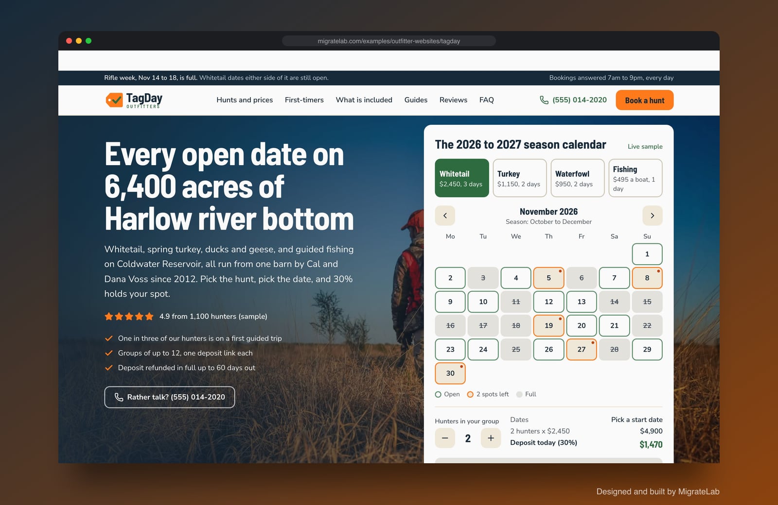 Hunting and fishing outfitter website example by MigrateLab: TagDay Outfitters, a lead machine design shown in a browser