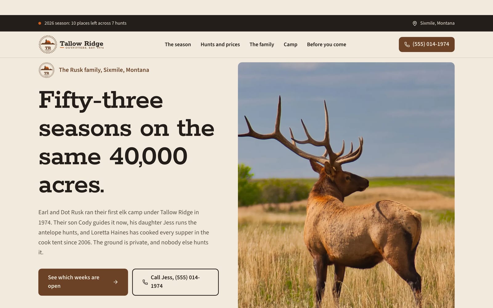 Hunting and fishing outfitter website design: Tallow Ridge Outfitters home page, heritage and trust style