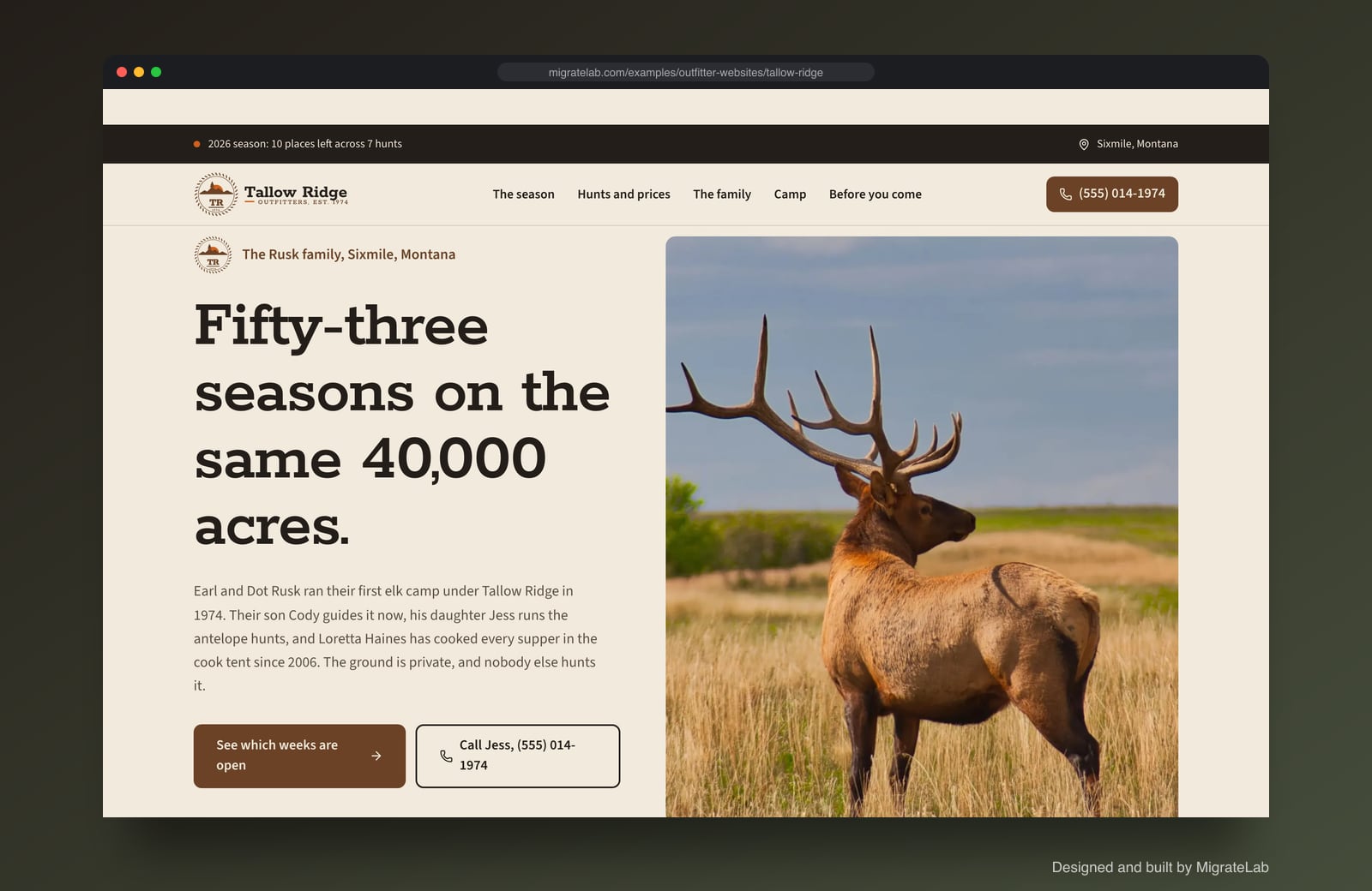 Hunting and fishing outfitter website example by MigrateLab: Tallow Ridge Outfitters, a heritage and trust design shown in a browser