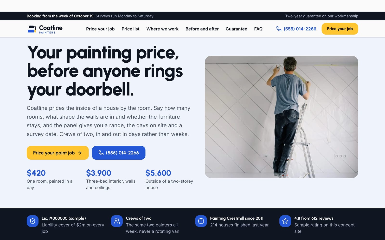 Painting contractor website design: Coatline Painters home page, lead machine style