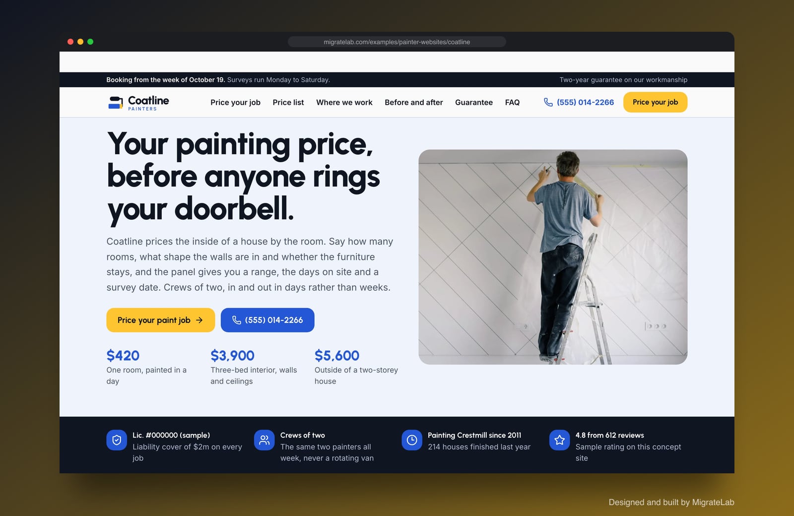 Painting contractor website example by MigrateLab: Coatline Painters, a lead machine design shown in a browser