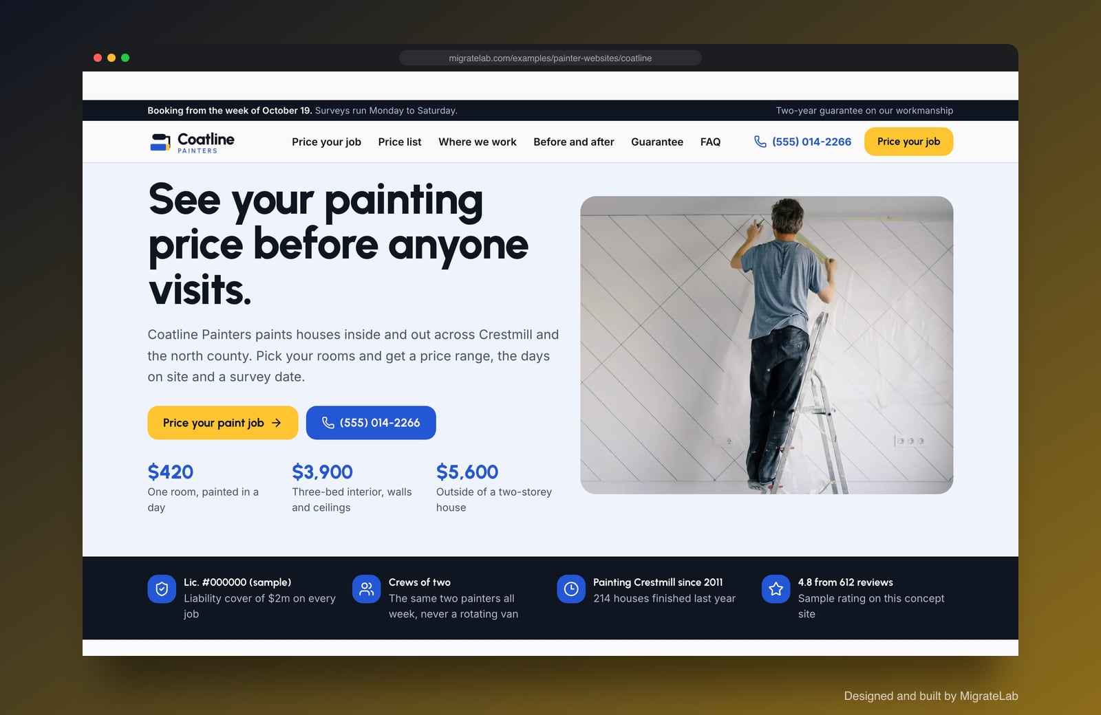 Painting contractor website example by MigrateLab: Coatline Painters, a lead machine design shown in a browser