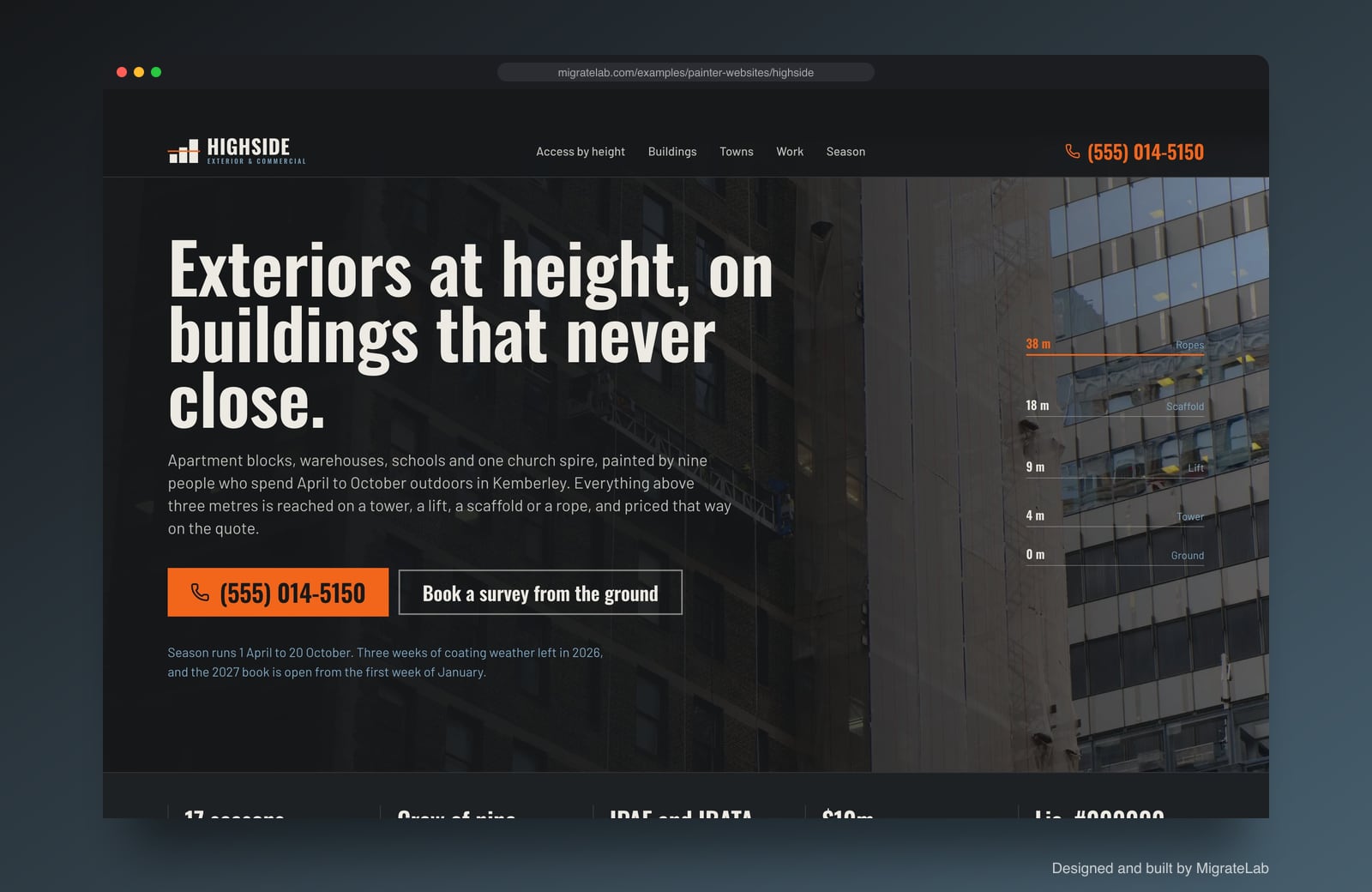 Painting contractor website example by MigrateLab: Highside Exterior & Commercial Painting, a bold and industrial design shown in a browser