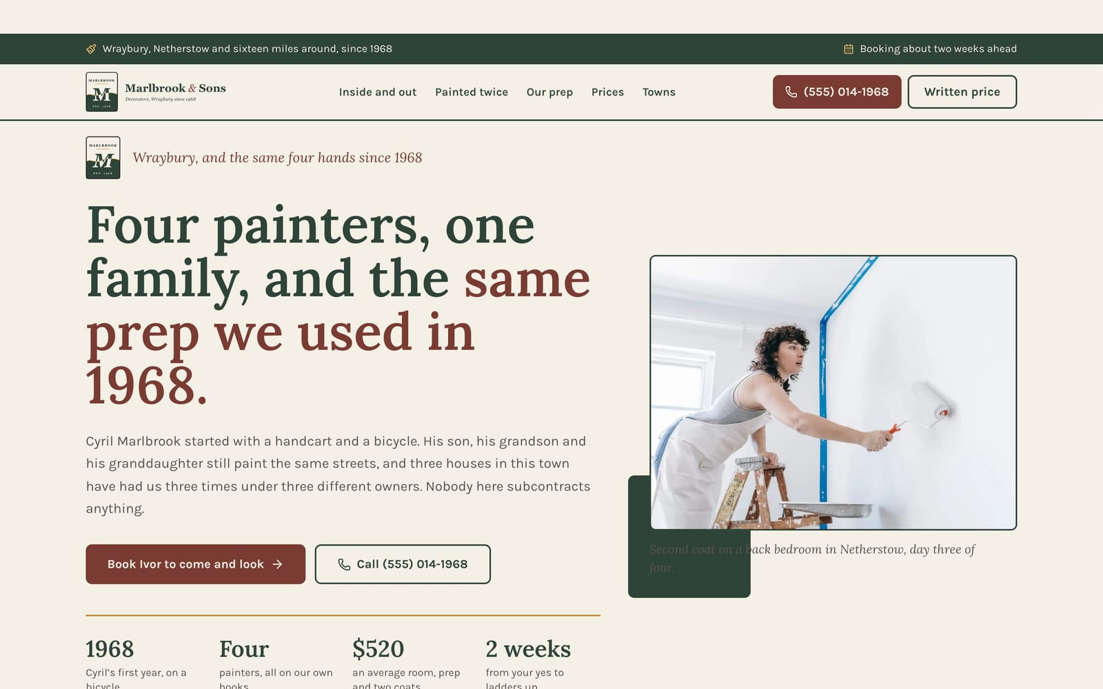Painting contractor website design: Marlbrook & Sons Decorators home page, heritage and trust style