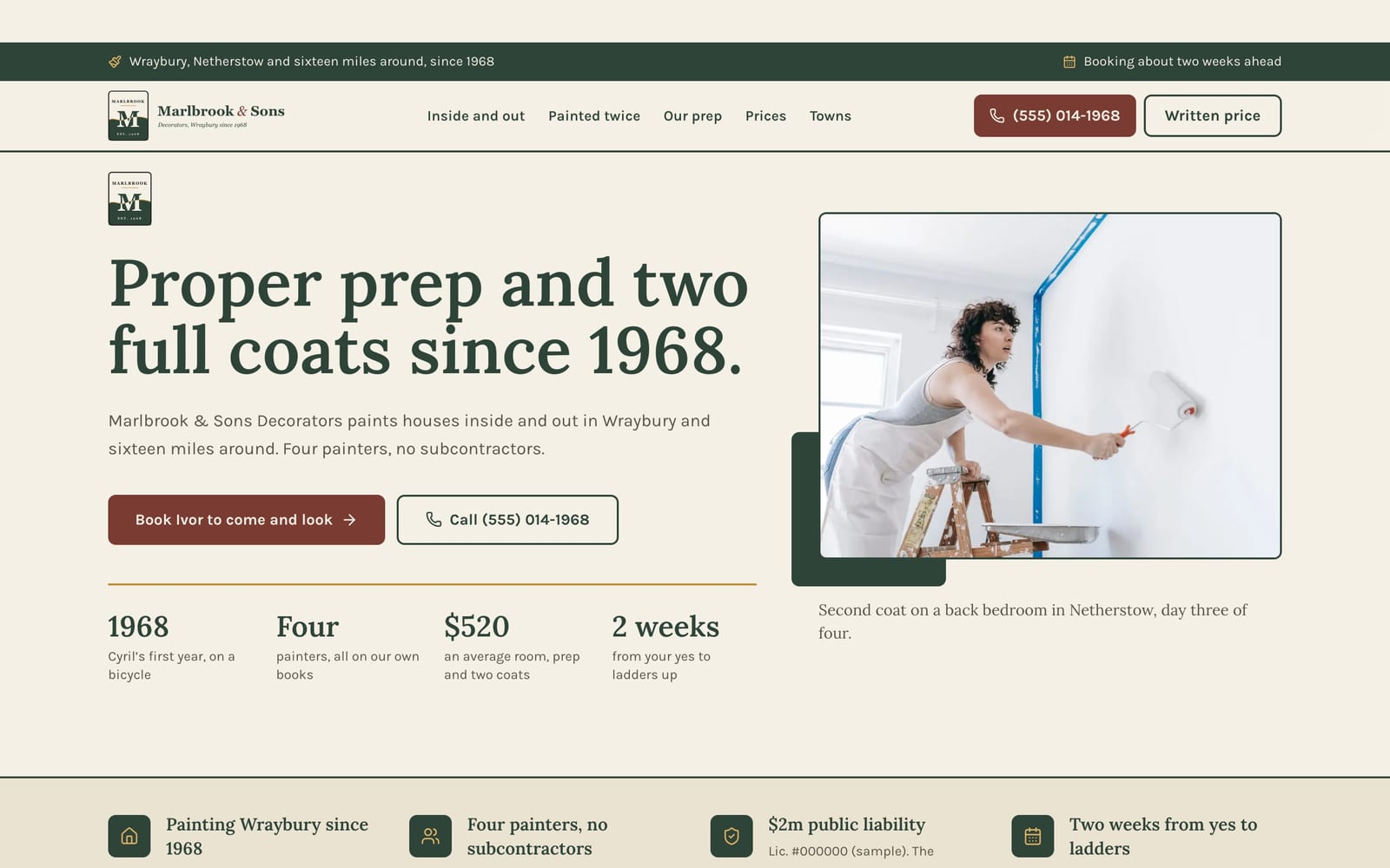 Painting contractor website design: Marlbrook & Sons Decorators home page, heritage and trust style