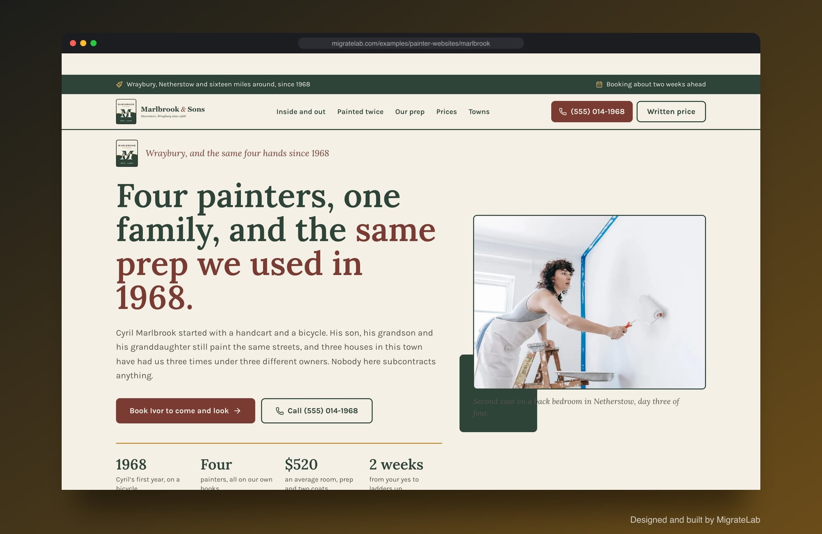 Painting contractor website example by MigrateLab: Marlbrook & Sons Decorators, a heritage and trust design shown in a browser