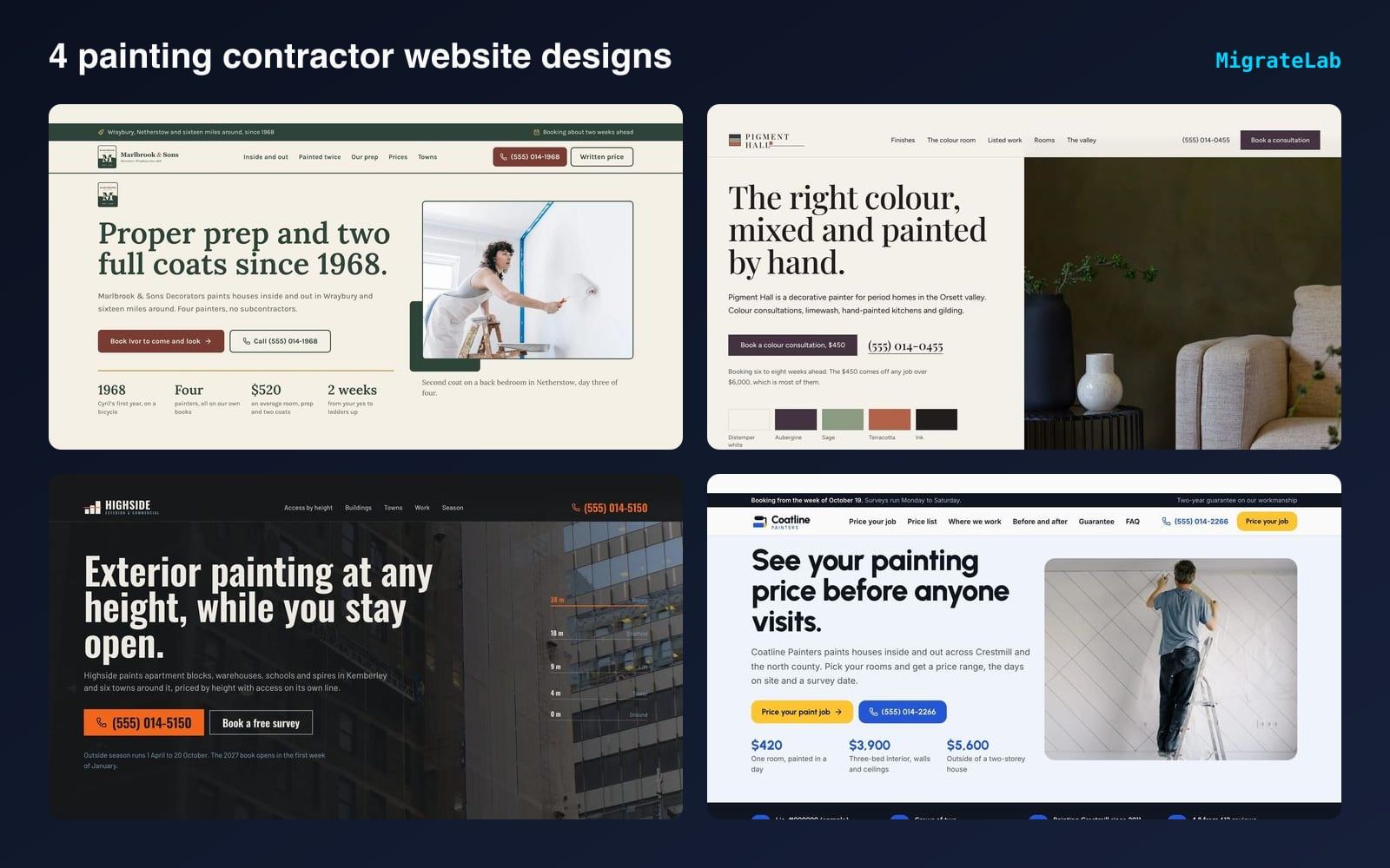 Four painting contractor website designs by MigrateLab shown side by side