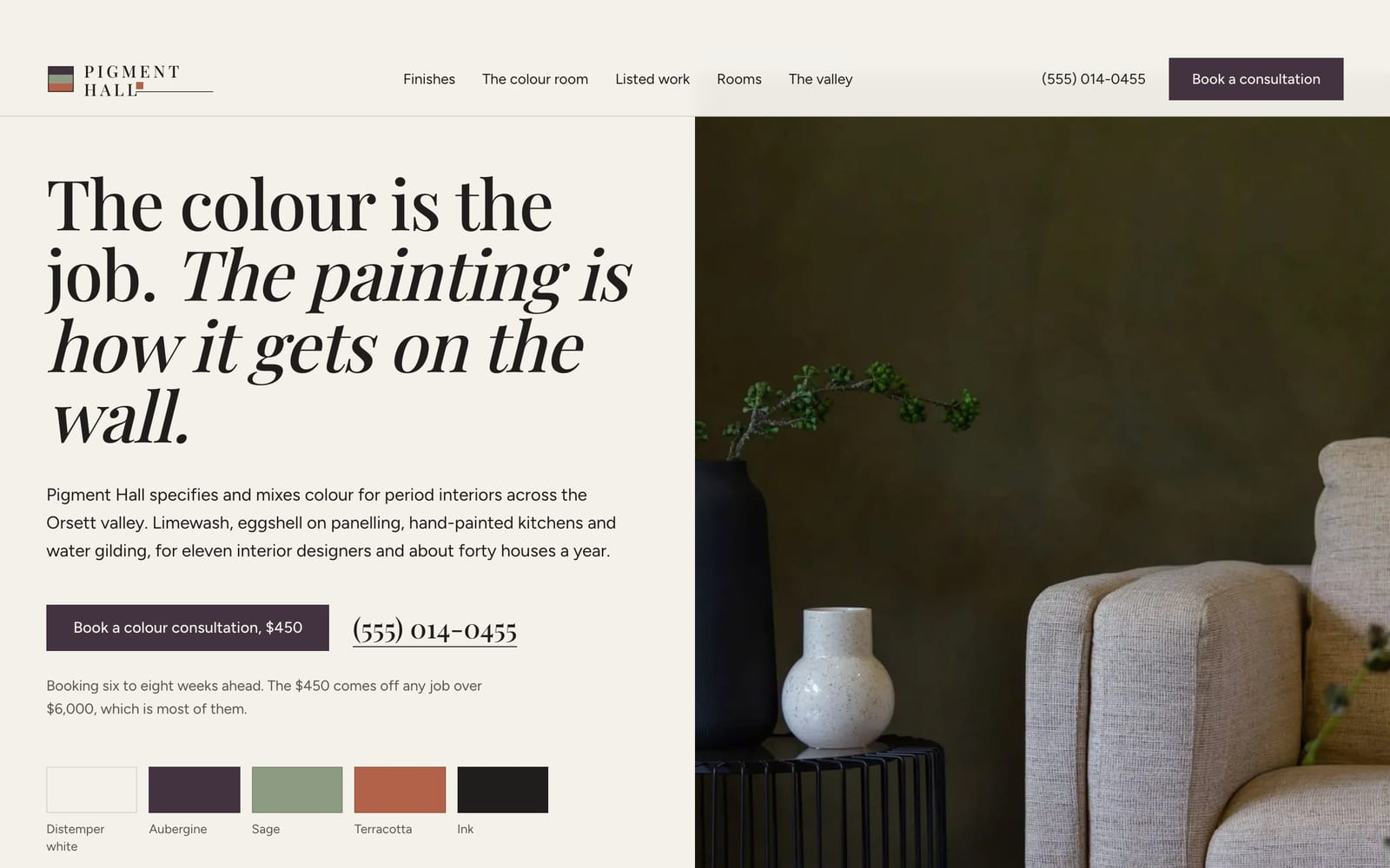 Painting contractor website design: Pigment Hall Decorative Painting home page, premium design-led style