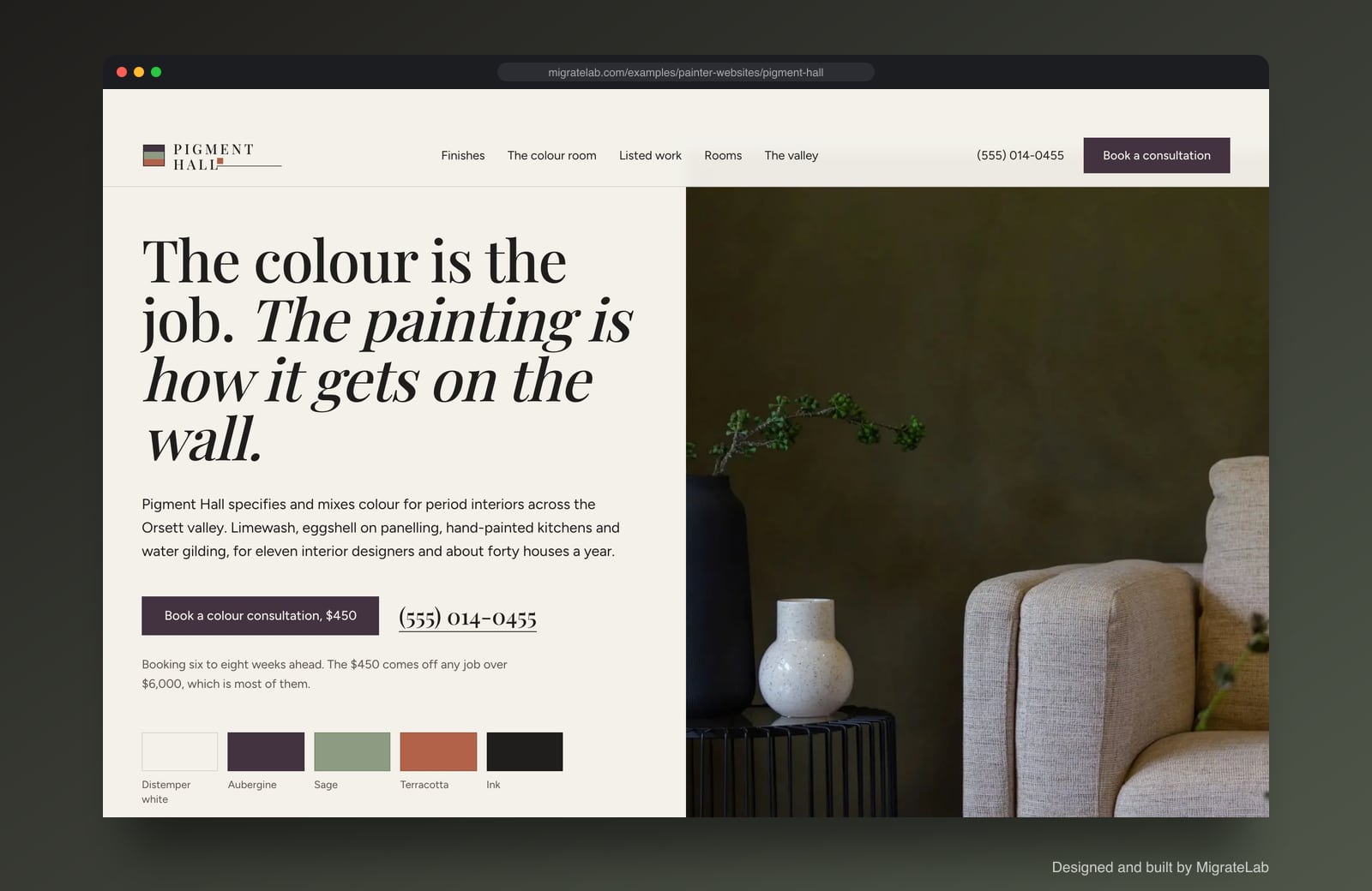 Painting contractor website example by MigrateLab: Pigment Hall Decorative Painting, a premium design-led design shown in a browser