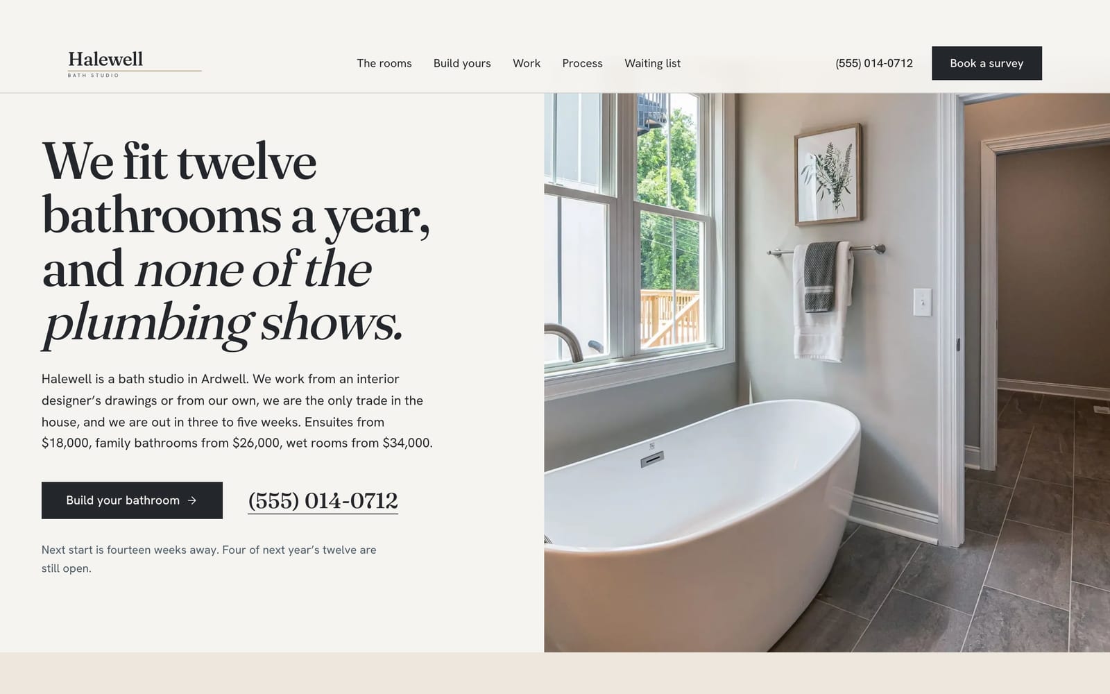Plumber website design: Halewell Bath Studio home page, premium design-led style
