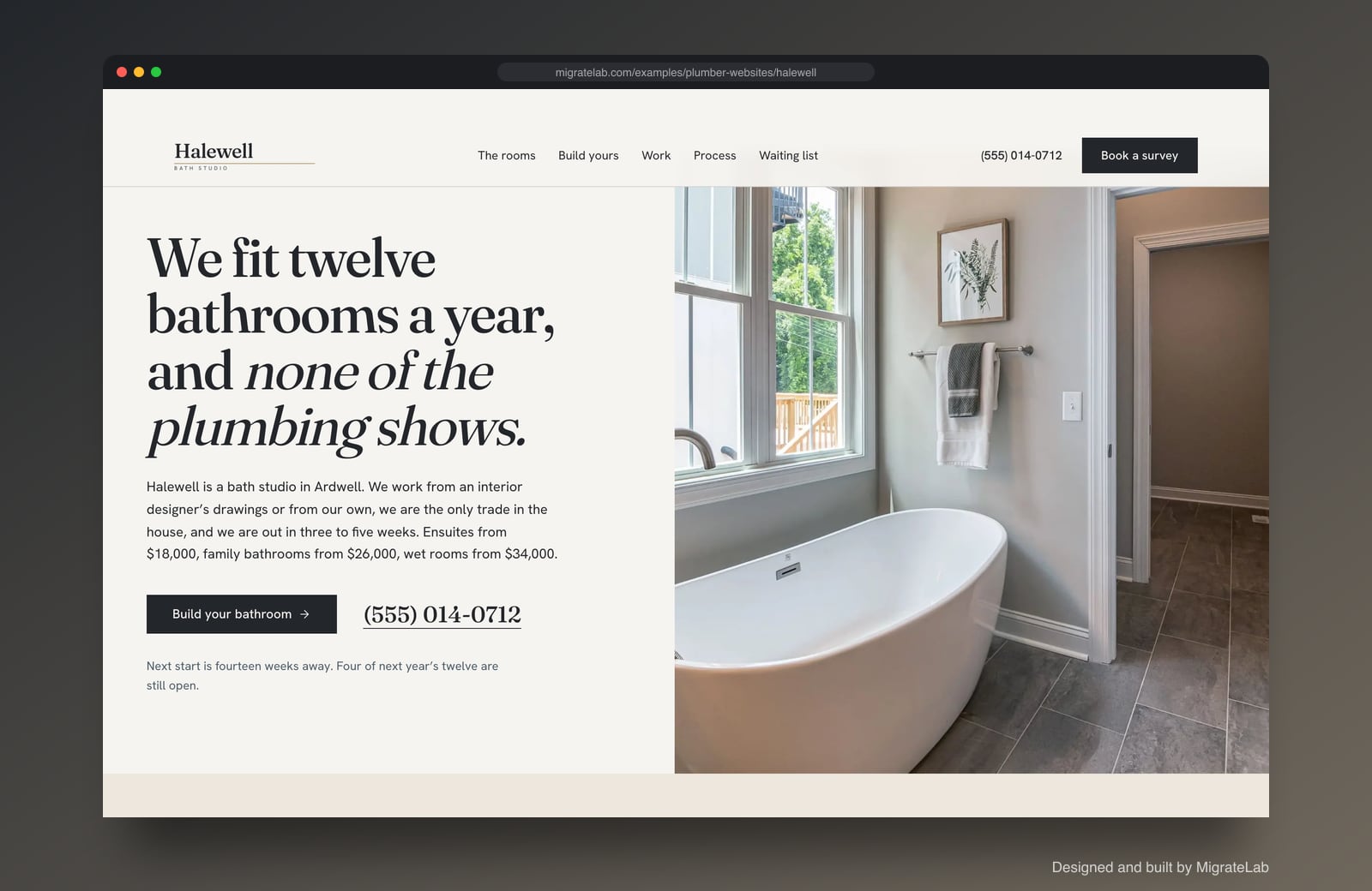 Plumber website example by MigrateLab: Halewell Bath Studio, a premium design-led design shown in a browser