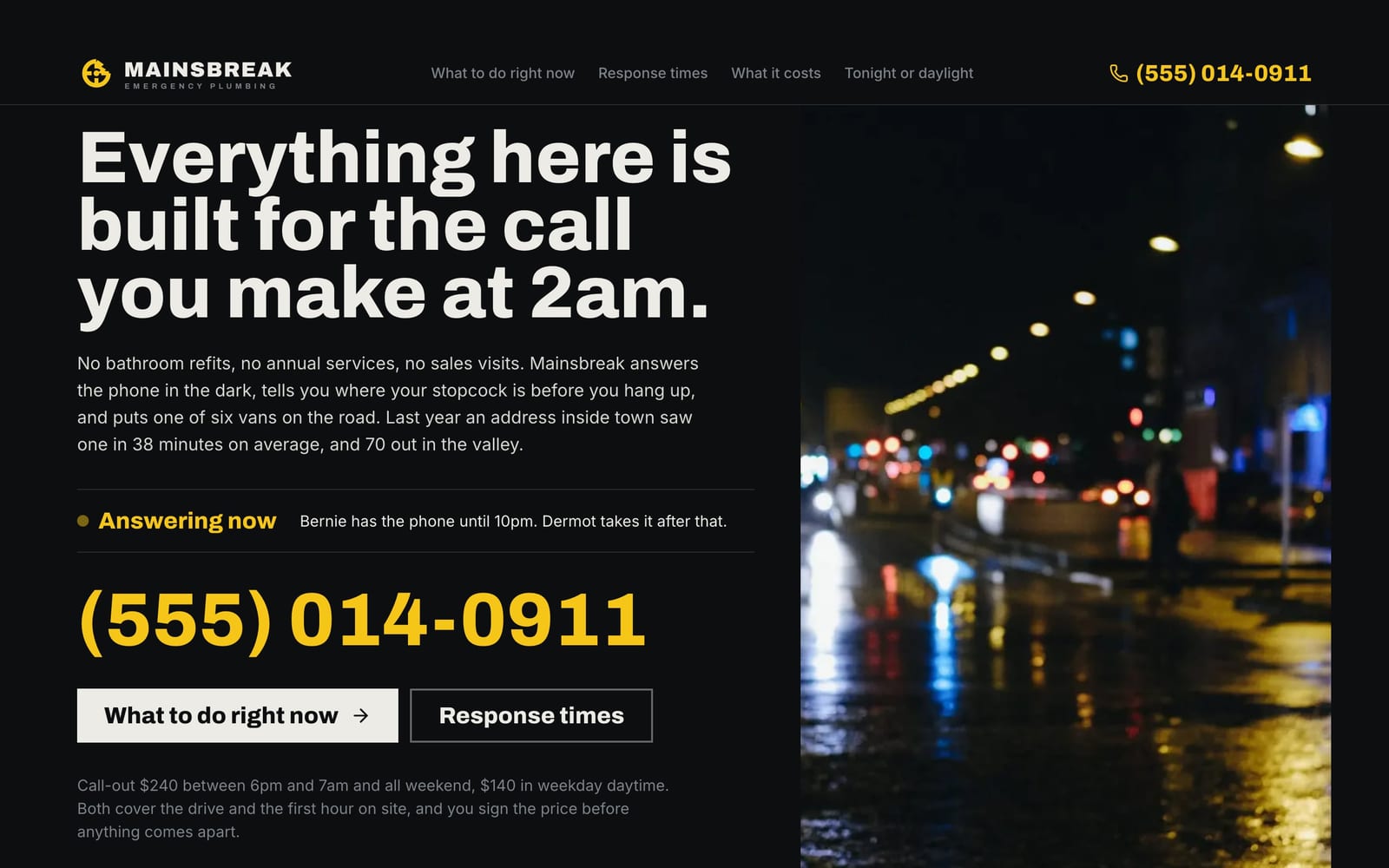 Plumber website design: Mainsbreak Emergency Plumbing home page, bold and industrial style