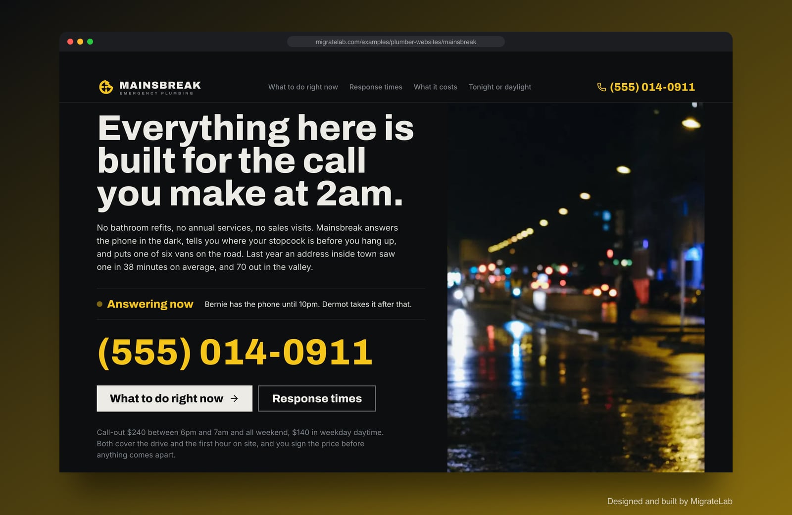 Plumber website example by MigrateLab: Mainsbreak Emergency Plumbing, a bold and industrial design shown in a browser