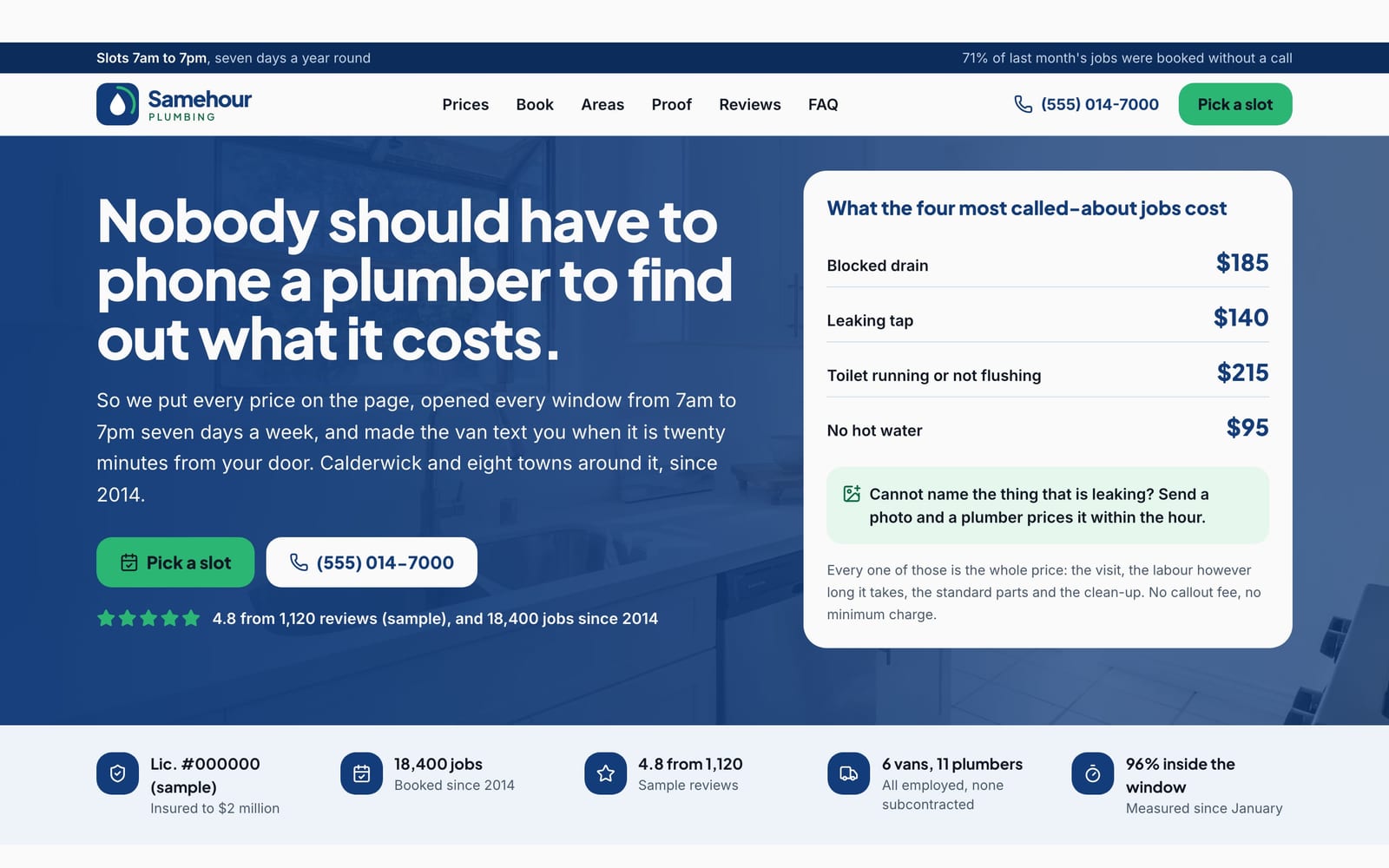 Plumber website design: Samehour Plumbing home page, lead machine style