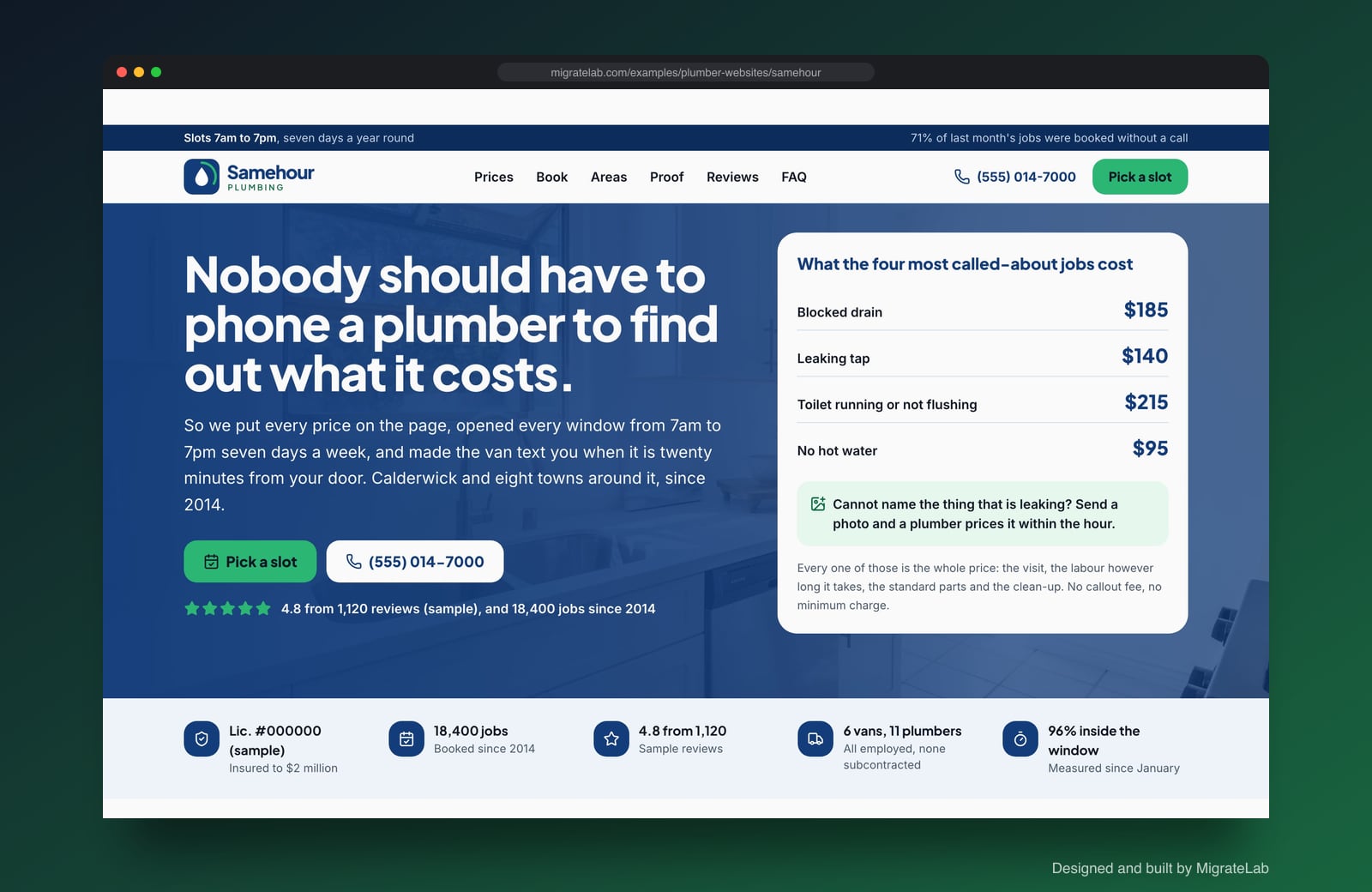 Plumber website example by MigrateLab: Samehour Plumbing, a lead machine design shown in a browser