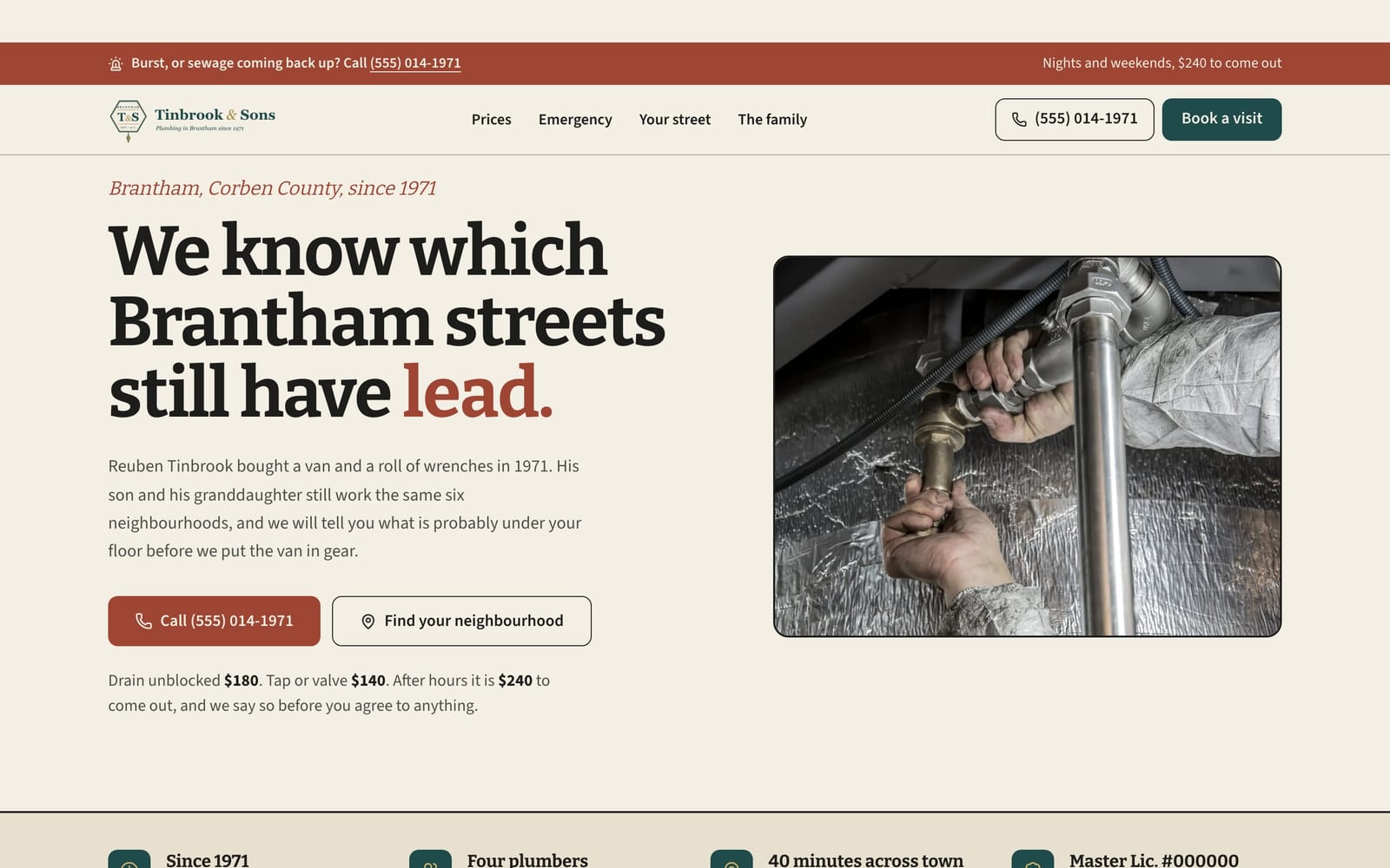 Plumber website design: Tinbrook & Sons Plumbing home page, heritage and trust style