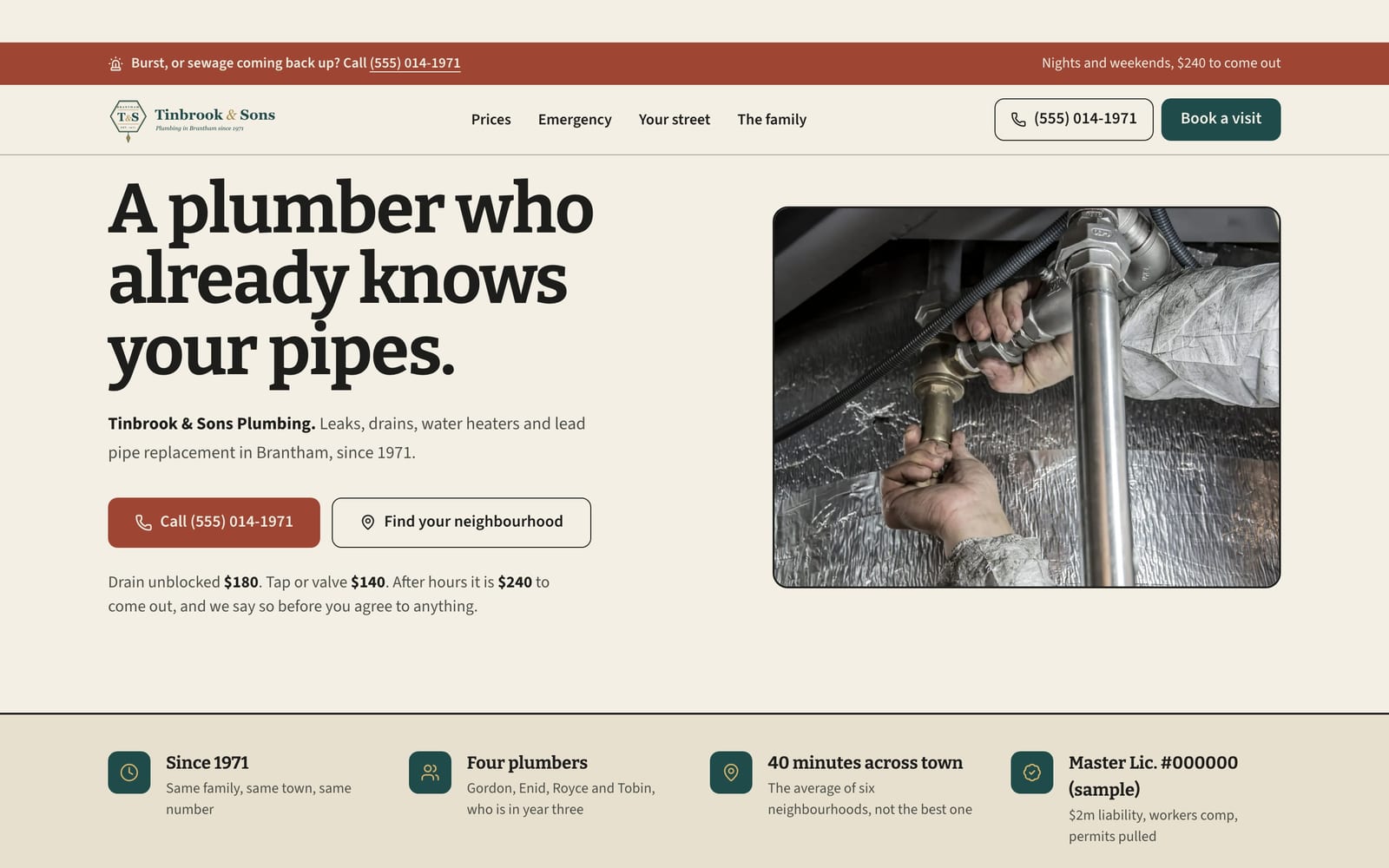 Plumber website design: Tinbrook & Sons Plumbing home page, heritage and trust style