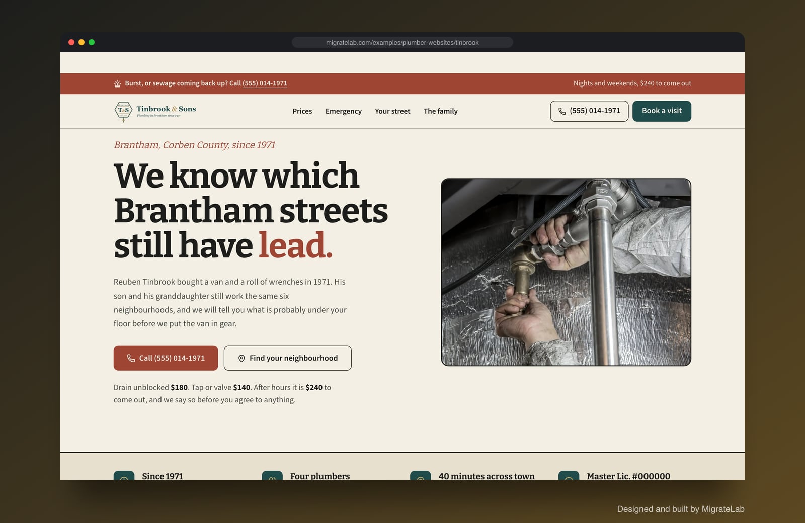 Plumber website example by MigrateLab: Tinbrook & Sons Plumbing, a heritage and trust design shown in a browser
