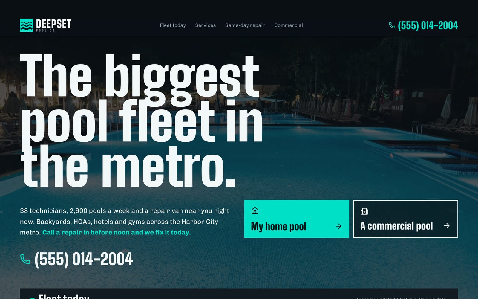 Pool service company website design: Deepset Pool Co. home page, bold and industrial style