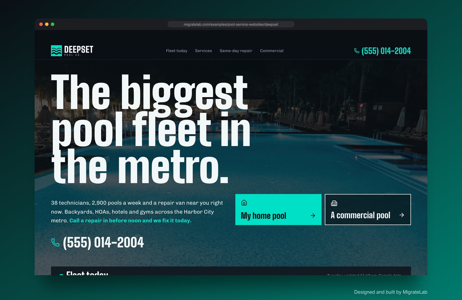 Pool service company website example by MigrateLab: Deepset Pool Co., a bold and industrial design shown in a browser