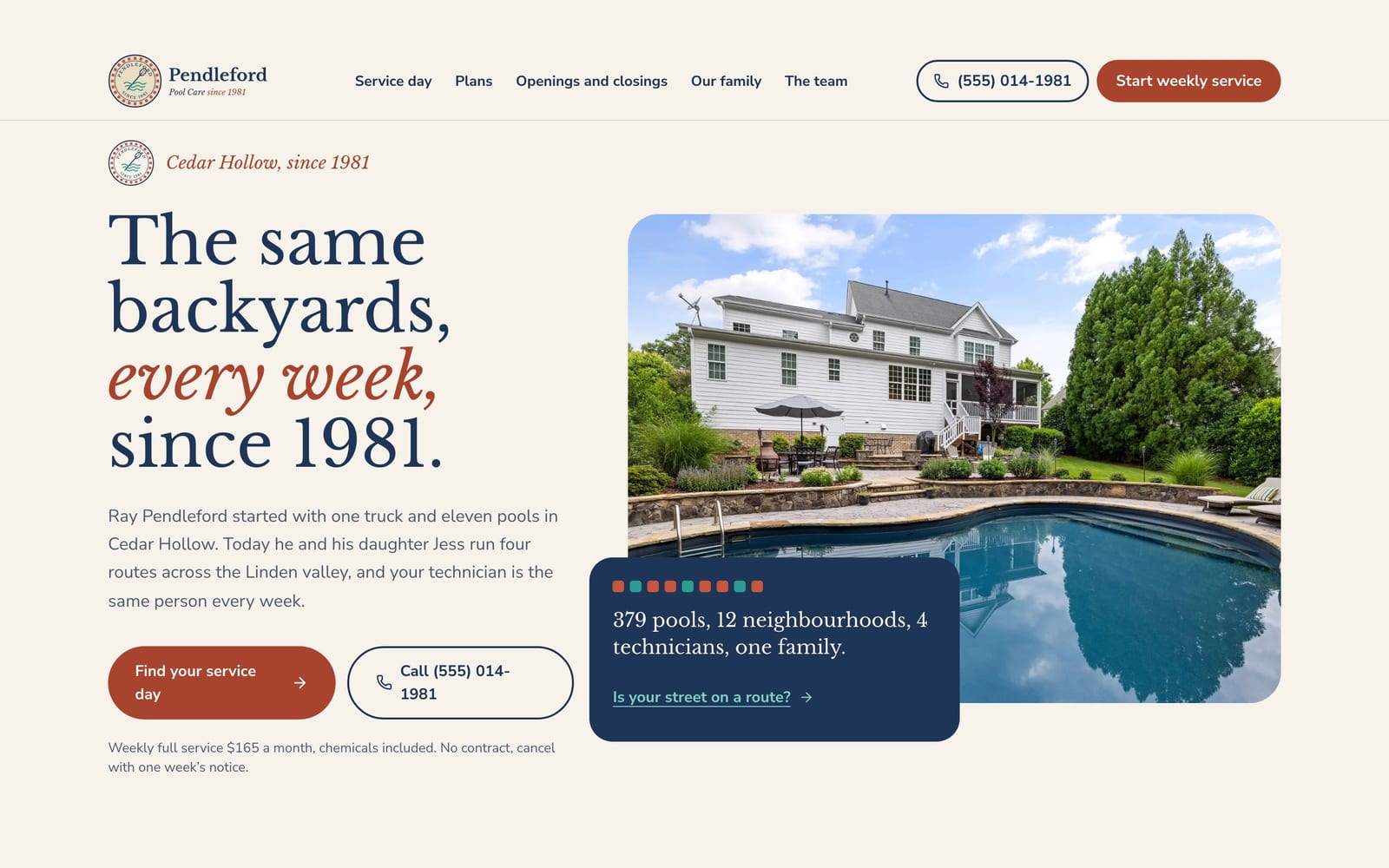 Pool service company website design: Pendleford Pool Care Since 1981 home page, heritage and trust style
