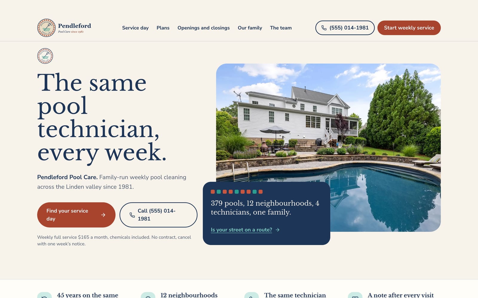 Pool service company website design: Pendleford Pool Care Since 1981 home page, heritage and trust style