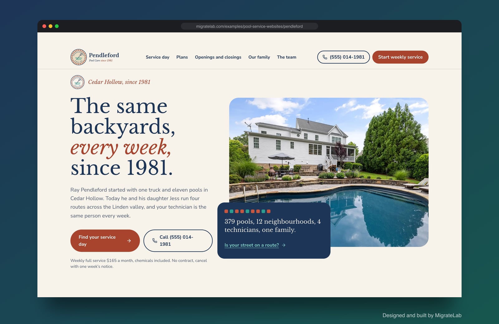 Pool service company website example by MigrateLab: Pendleford Pool Care Since 1981, a heritage and trust design shown in a browser