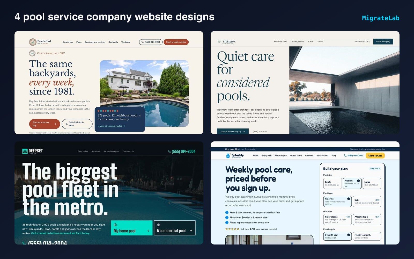 Four pool service company website designs by MigrateLab shown side by side