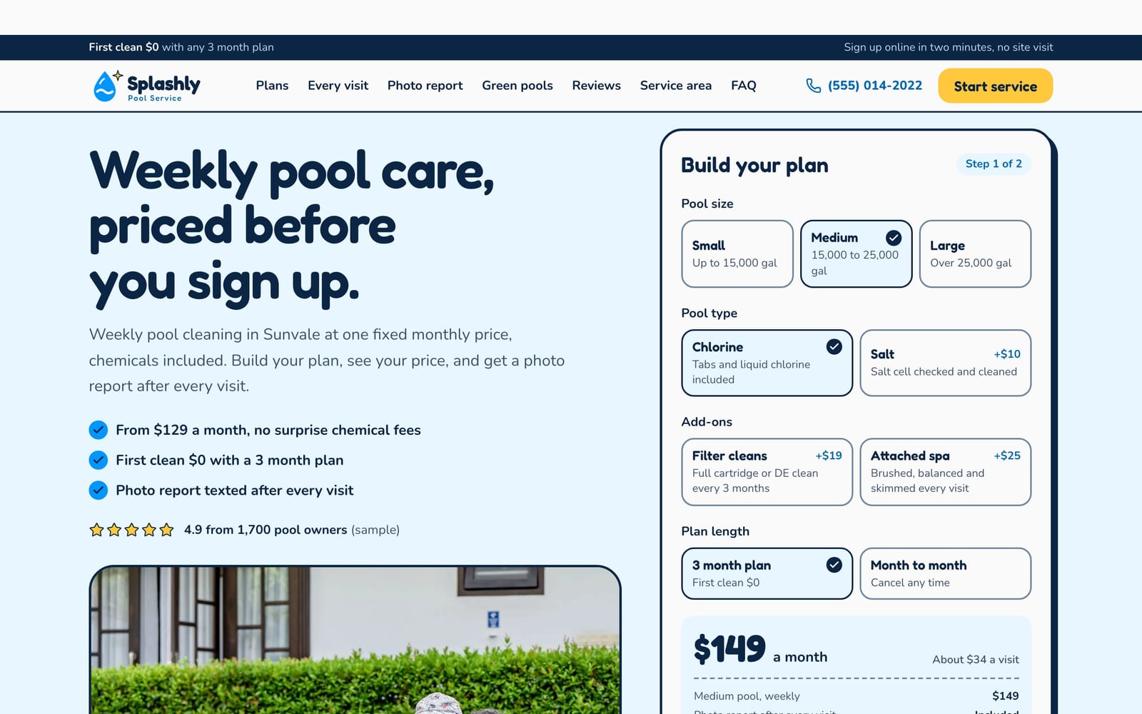 Pool service company website design: Splashly Pool Service home page, lead machine style