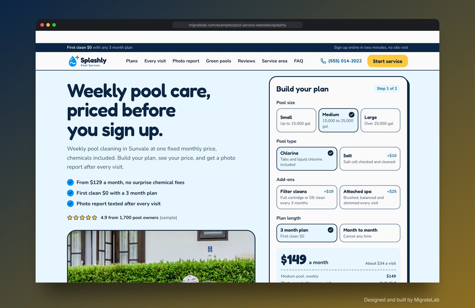 Pool service company website example by MigrateLab: Splashly Pool Service, a lead machine design shown in a browser