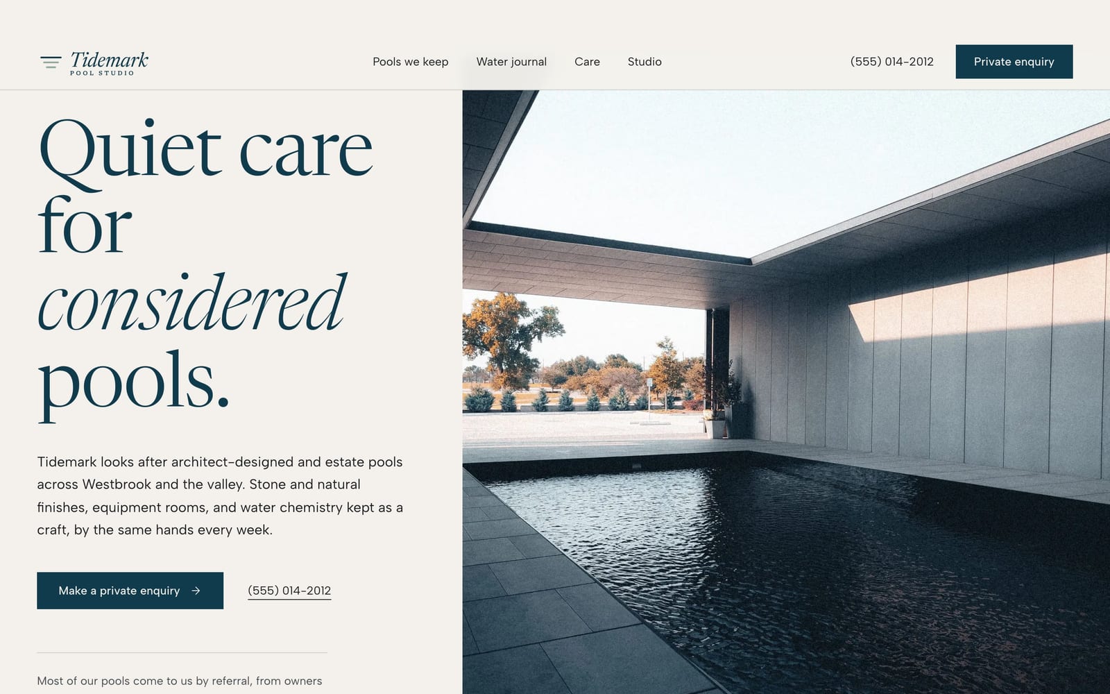 Pool service company website design: Tidemark Pool Studio home page, premium design-led style