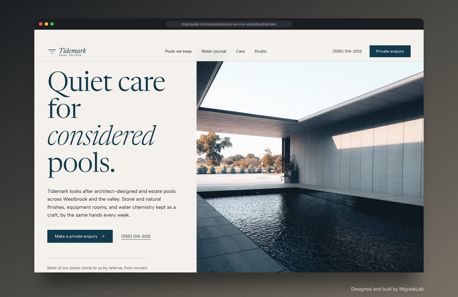 Pool service company website example by MigrateLab: Tidemark Pool Studio, a premium design-led design shown in a browser