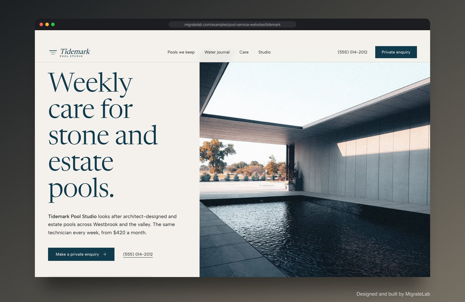 Pool service company website example by MigrateLab: Tidemark Pool Studio, a premium design-led design shown in a browser