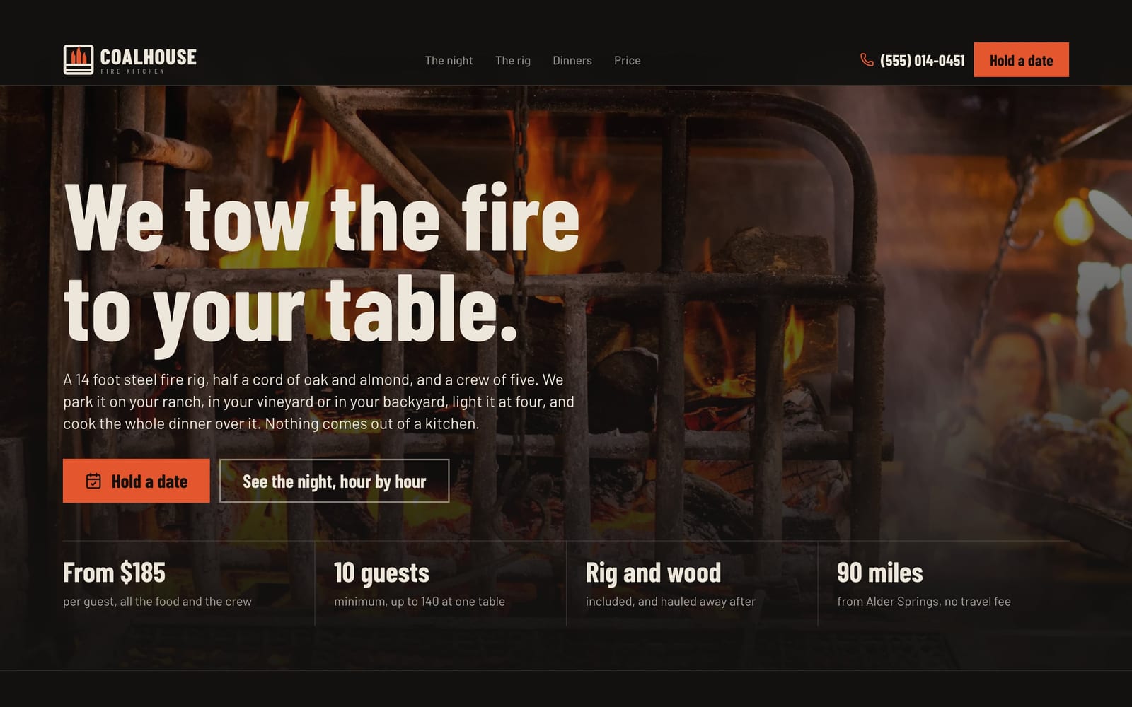 Private chef website design: Coalhouse Fire Kitchen home page, bold and industrial style