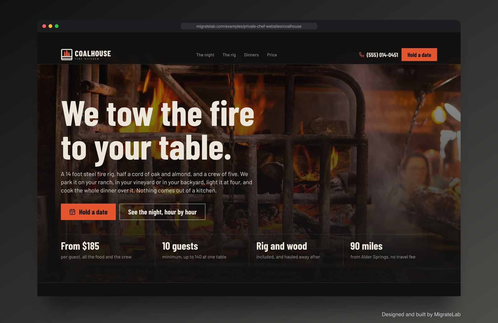 Private chef website example by MigrateLab: Coalhouse Fire Kitchen, a bold and industrial design shown in a browser