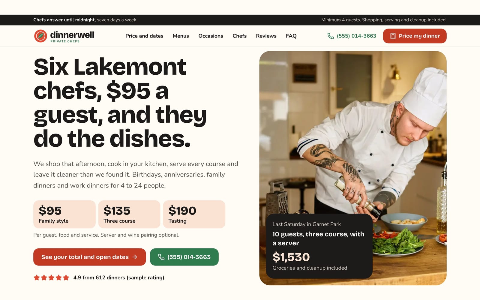 Private chef website design: Dinnerwell Private Chefs home page, lead machine style